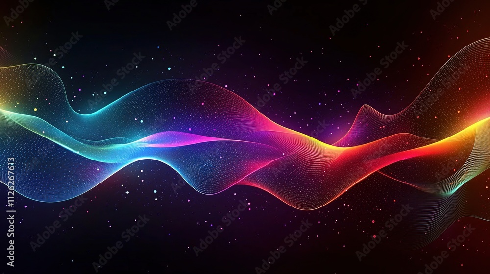 Poster glowing neon wave patterns on dark background for creative projects
