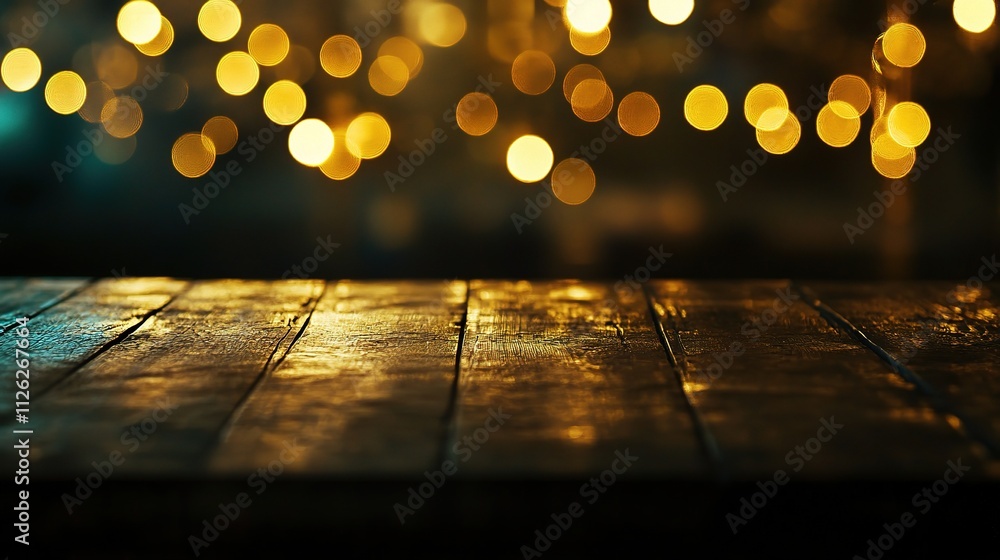 Poster wooden bar table top with soft bokeh light in dark background