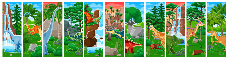 Dinosaurs collage of cartoon Jurassic dino lizards characters, vector background. Prehistoric era collage of giant lizards and reptiles in forest for kids dinosaur atlas, paleontology park or museum © Vector Tradition