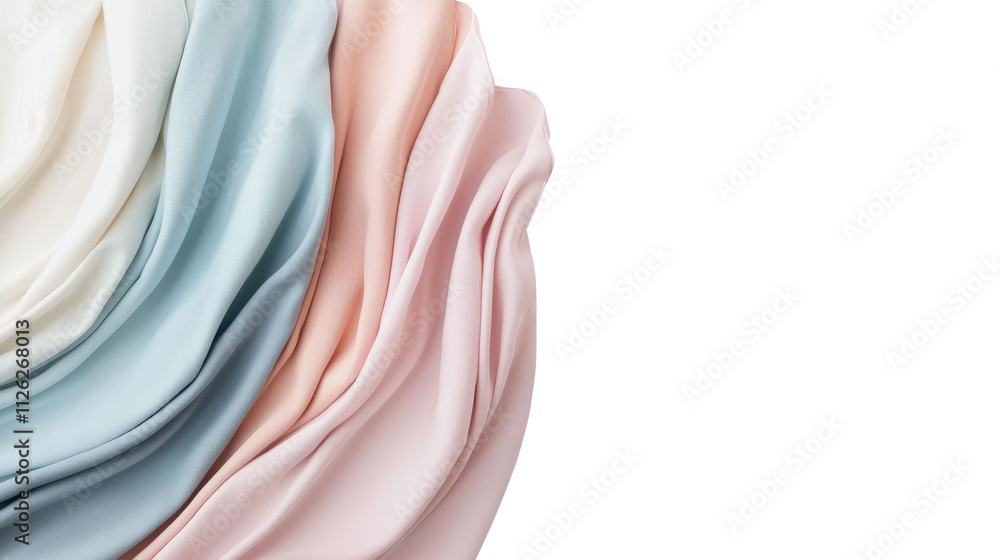 Poster pastel fabric drapes in soft flowing layers, featuring smooth textures and subtle colors, ideal for 