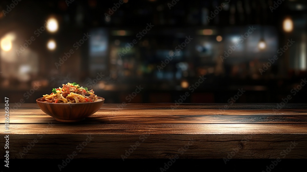 Poster wooden table top with bokeh light effect in dark environment