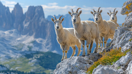 Fototapeta premium A group of mountain goats scaling a rocky cliff, framed by a backdrop of towering peaks