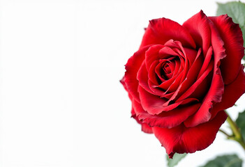 Fototapeta premium A single, large, red rose. The rose is in full bloom, with a deep red color and many petals. The rose is set against a white background.