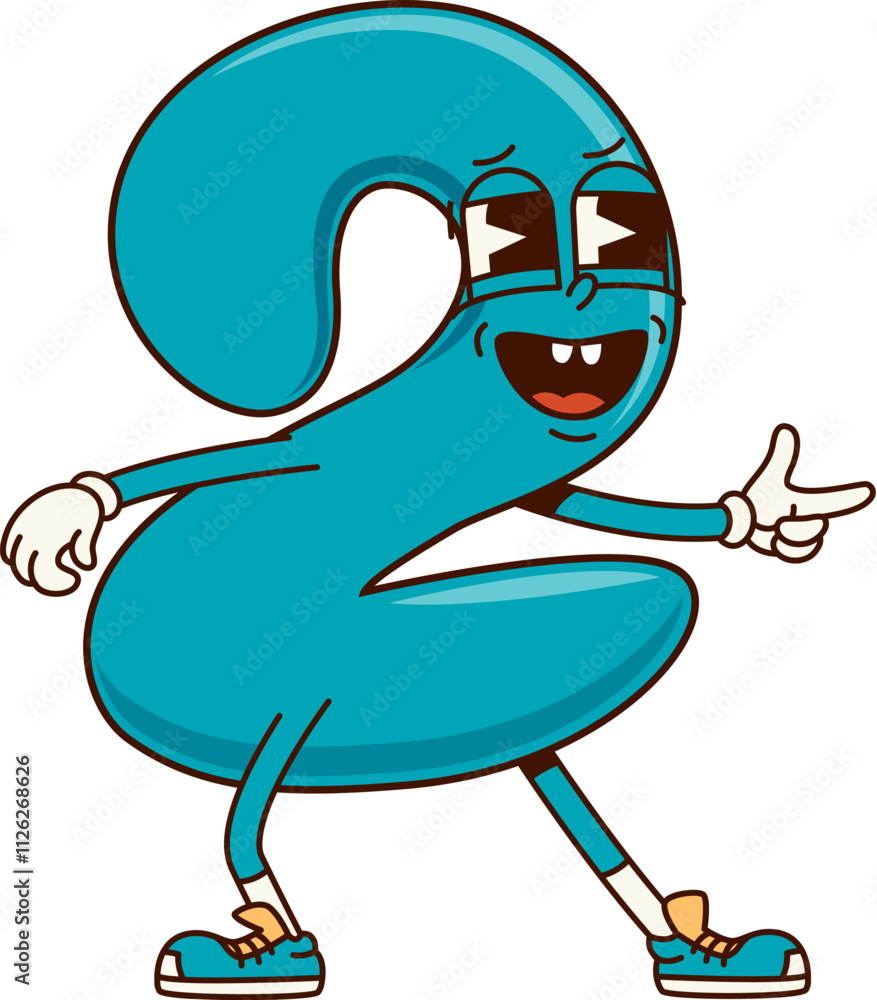 Aufkleber Math number Two groovy character in retro cartoon, vector comic numeral. Groovy number 2 Two with funky face and silly smile or laughing for psychedelic cartoon mathematics numeral character