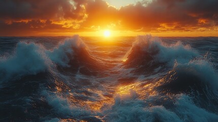 Fototapeta premium Dramatic Sunset over Ocean Waves at Iceland's Black Sand Beaches