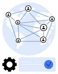 Connected user icons over a world map with blue lines indicating networking. Gear symbol and checkmark option below. Ideal for teamwork, digital communication, global cooperation, online platforms