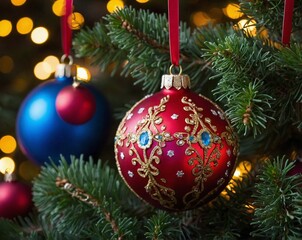 Fototapeta premium The image is of a vibrant, dynamic close-up Christmas tree branch decorated with colorful ornaments.