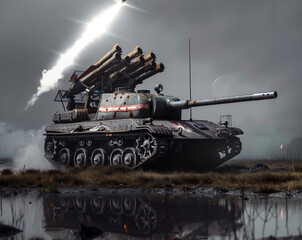 A tank with a rocket coming out of it's turret on a cloudy day