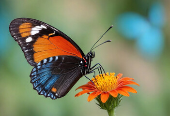 Obraz premium Monarch butterfly, vibrant orange wings, black veins, white spots, yellow flowers, green leaves, soft focus background, macro photography, detailed wings, nature close-up, delicate insect, pollinator,