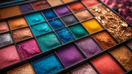 A multicolor block eyeshadow palette featuring an artistic blend of various hues organized neatly into separate compartments.