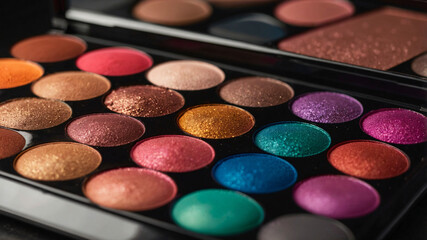 An eyeshadow palette with an array of vibrant shimmery colors, ranging from blues and greens to pinks and golds, unhinged.