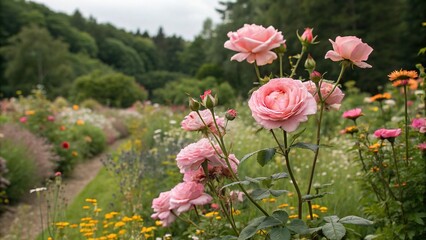 Soft pink roses bloom in a garden filled with lush greenery and vibrant wildflowers, creating a stunning floral arrangement., pink roses, garden, garden flowers, floral, floral arrangement