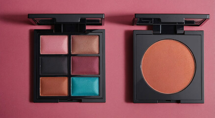A makeup palette with six bold eyeshadows and a large blush, featuring shades like pink, aqua, and bronze.