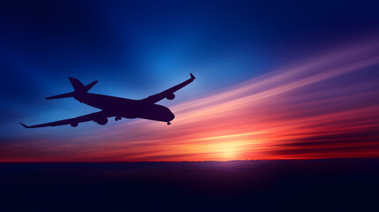 Fototapeta premium Commercial airplane soaring through a vibrant morning sky with the golden hues of sunrise creating a breathtaking backdrop.