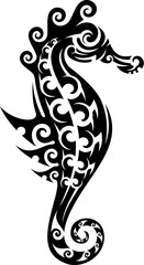 Maori tribal seahorse animal tattoo featuring flowing curves and swirls. Isolated vector black ink sea hippocampus shape combines both cultural symbolism and marine elegance for body art or decoration © Vector Tradition