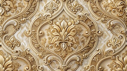 Luxurious 3D Gold Damask Pattern for High-End Interior Design