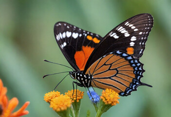 Fototapeta premium Monarch butterfly, vibrant orange wings, black veins, white spots, yellow flowers, green leaves, soft focus background, macro photography, detailed wings, nature close-up, delicate insect, pollinator,