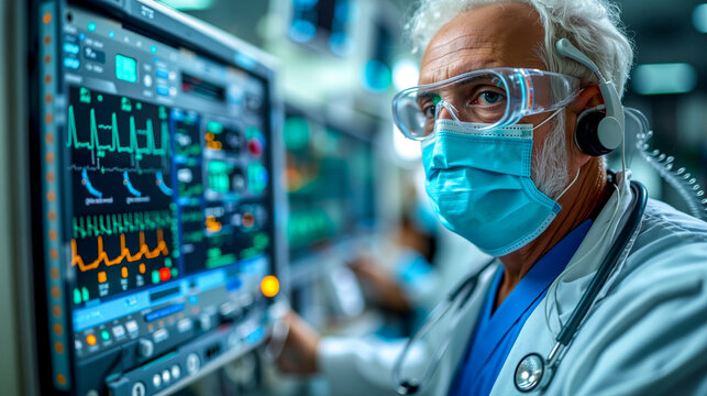 A doctor wearing a mask and goggles in front of a monitor - Powered by Adobe