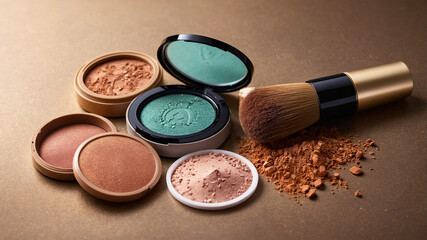 A collection of makeup powders including green, brown, and beige tones, with a brush, artistically arranged on a surface.