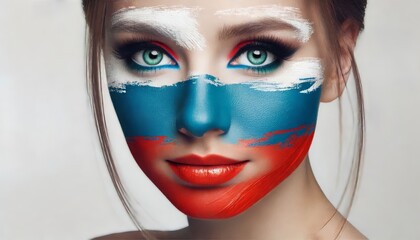 Woman with Russian flag face paint, showcasing national pride and artistic creativity