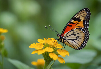 Obraz premium Monarch butterfly, vibrant orange wings, black veins, white spots, yellow flowers, green leaves, soft focus background, macro photography, detailed wings, nature close-up, delicate insect, pollinator,
