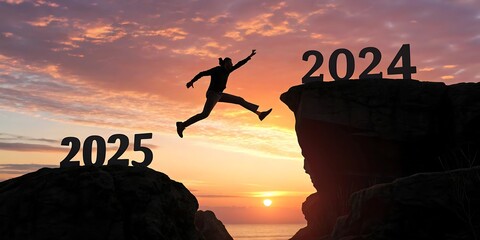Man jumping on cliff 2025 over the precipice with stones at amazing sunset. New Year's concept. 2024 falls into the abyss. Welcome 2025. People enters the year 2025, creative idea. JPG, AI GENERATED