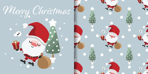 Christmas holiday season banner with Merry Christmas text and seamless pattern of santa claus with a gift box and Christmas tree on light gray background.