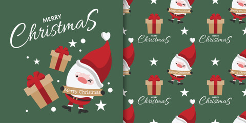 Christmas holiday season banner with Merry Christmas text and seamless pattern of santa claus show Christmas sign with a gift box on green background.