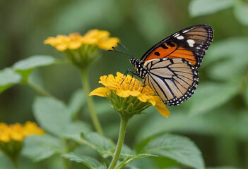 Fototapeta premium Monarch butterfly, vibrant orange wings, black veins, white spots, yellow flowers, green leaves, soft focus background, macro photography, detailed wings, nature close-up, delicate insect, pollinator,