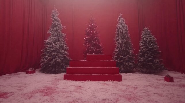 Red Christmas Trees Stage Setting Winter Wonderland