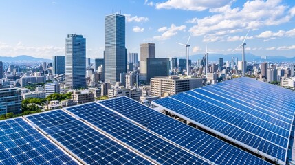 High-tech city skyline with solar panels urban environment aerial view