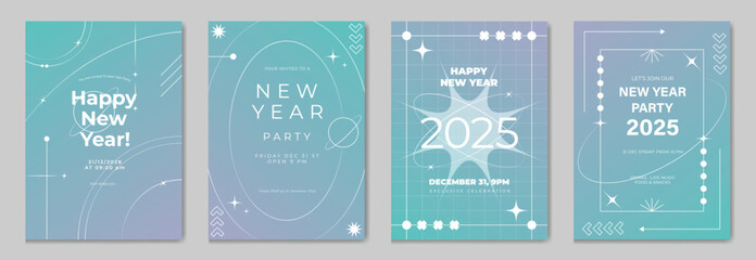 Happy New Year poster design background vector set. Celebration Modern gradient card template with vibrant geometric shape movement different. Ideal design for social media, flyer, party, ads. © TWINS DESIGN STUDIO