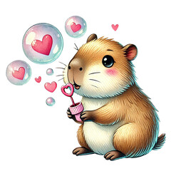 Cute capybara blowing heart-shaped bubbles for a joyful mood. Animal cartoon character.