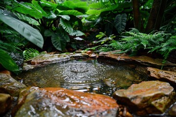 Obraz premium An artistic shot of rainwater runoff captured in a natural basin, surrounded by stones and lush vegetation, illustrating an eco-friendly approach to water management. -