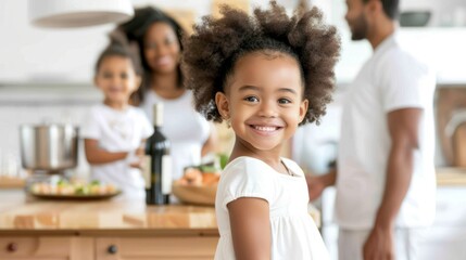 Happy Young Girl in Kitchen with Family, Bright Interior, Sharing Joyful Moments, Smiling Child, Family Bonding, Healthy Lifestyle, Cooking Together, Warm Atmosphere