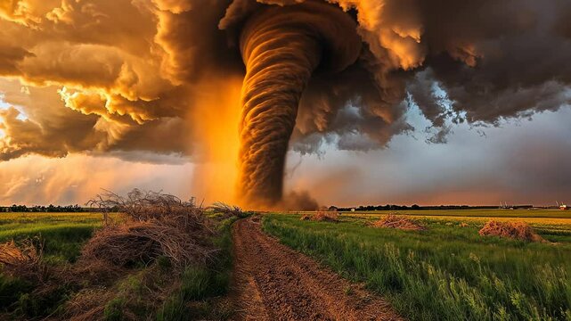Dramatic tornado forming over countryside landscape, natural disaster and severe weather concept