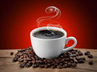 Steaming Espresso Coffee Cup with Swirling Burton-Inspired Steam - Dramatic Red Gradient Background with Coffee Beans Spread