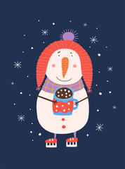 Naklejka premium Snowman on skates with a mug of cocoa vector illustration. Cute winter hero. Design greeting card for Merry Christmas, poster for New Year celebration.