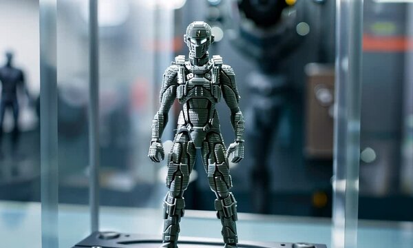 Detailed miniature robot action figure stands on platform