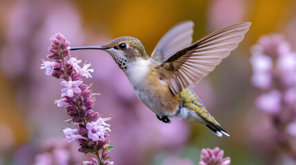 Fototapeta premium A pair of hummingbirds flitting around a blooming flower in a lush garden