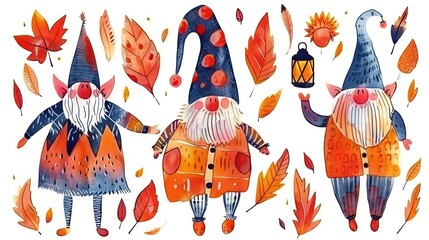 Whimsical Watercolor Gnomes Surrounded by Colorful Autumn Leaves in a Fantasy Landscape for Cozy Seasonal Decor and Illustrations