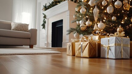 Elegant christmas tree decorated with gifts in cozy living room