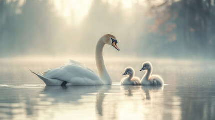 Fototapeta premium A pair of swans with their cygnets swimming peacefully in a pond