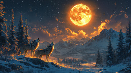 Fototapeta premium A pair of wolves howling on a snowy hill under a full moon in a mountainous landscape