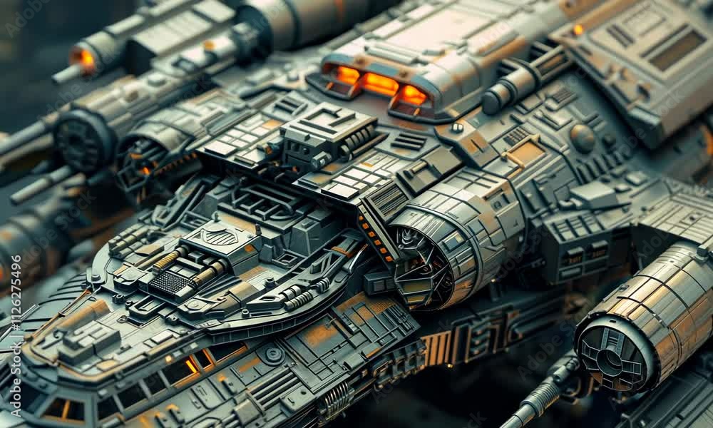 Poster detailed sci-fi spaceship model with intricate engineering visible