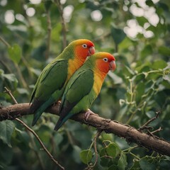 Obraz premium A lovebird pair sitting together on a vine.