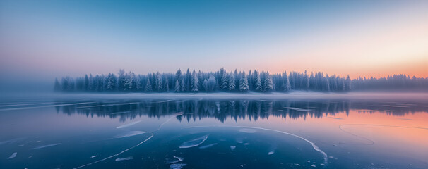 Obraz premium Fantastic winter landscape frozen lake in snowy forest. Amazing warm sunlight, romantic twilight sunset. Dreamscape picturesque lake water reflections winter hiking tourism adventure. Beautiful nature