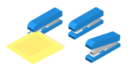 Isometric office staplers for joining sheets of paper with staples. Office stationery. 3D vectors isolated on white background top view at an angle