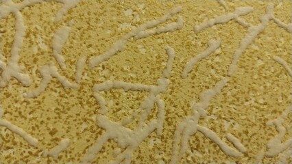 a close-up view of a textured surface. The surface has a yellowish-gold color with a pattern of raised, irregular, and wavy lines that are lighter in color, possibly white or cream
