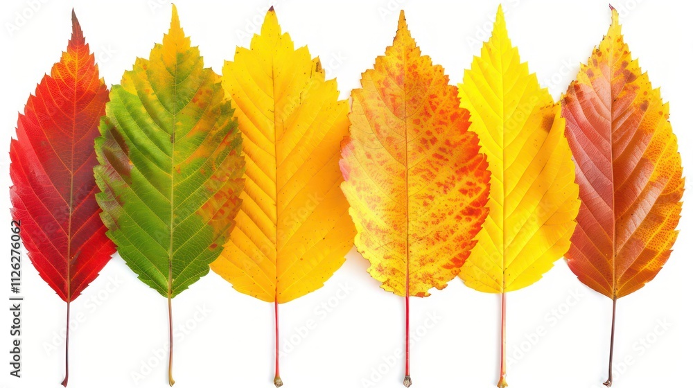 Poster autumn leaves showcasing a spectrum of colors from red to yellow with intricate textures representin